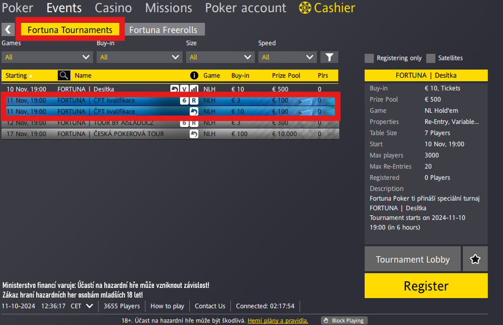 česká pokerová tour fortuna poker, listopad kvalifikace