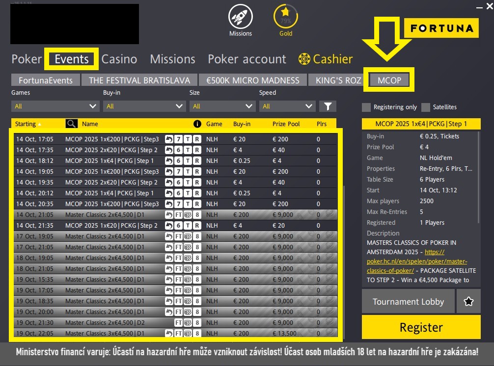 uk&aacute;zka kvaifikac&iacute; na MCOP Amsterdam, Fortuna Poker