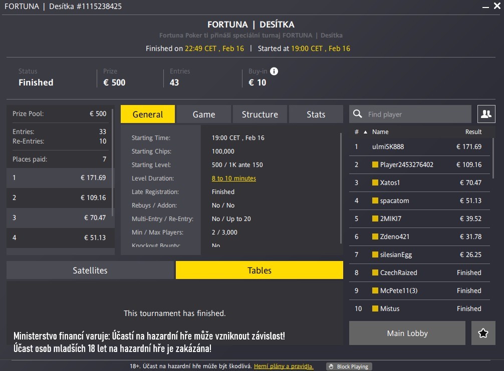v&yacute;sledky online poker turnaje Fortuna, desitka 16.2.2025