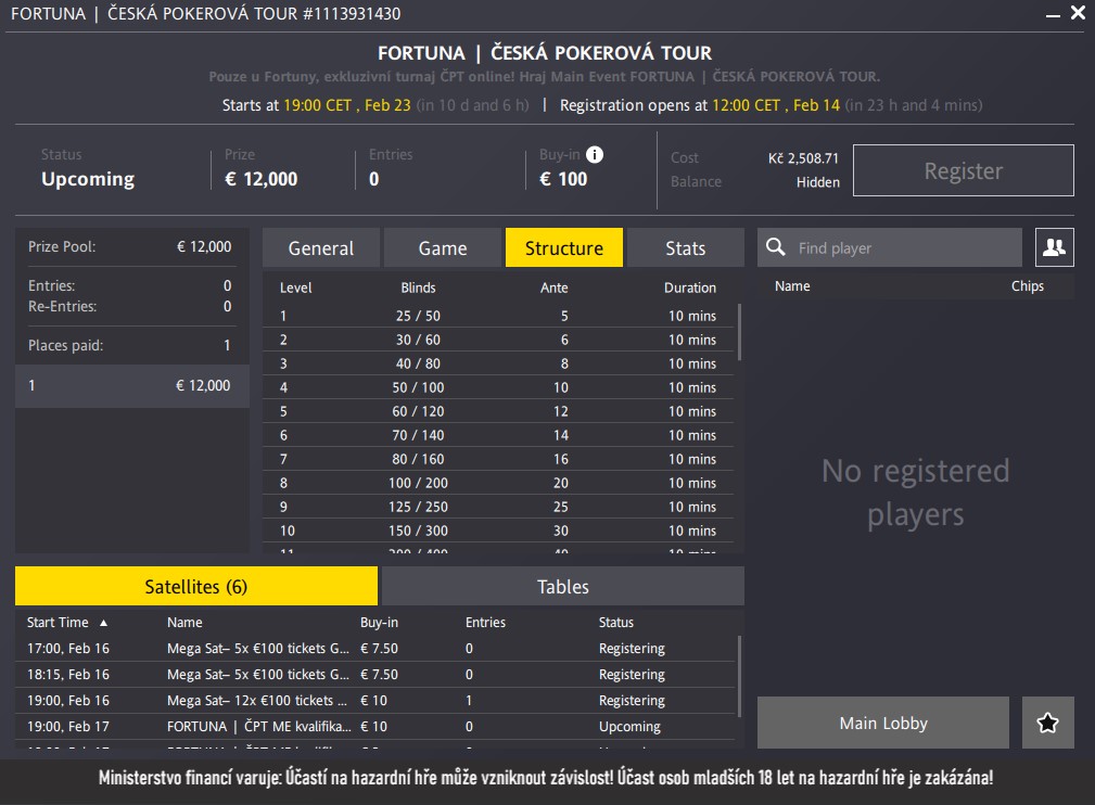 parametry poker turnaje Česká Pokerová Tour Main Event unor 2025
