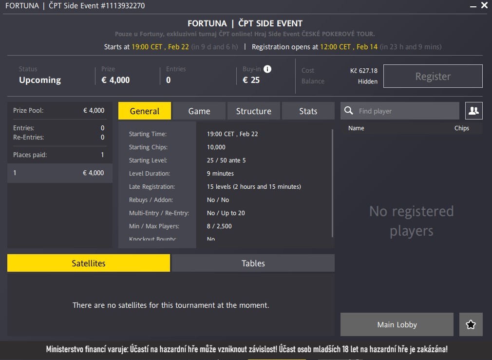 česká pokerová tour online, fortuna poker, side event unor 2025