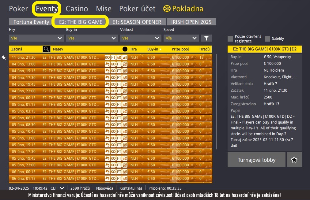 program turnajů The Big Game Fortuna Poker