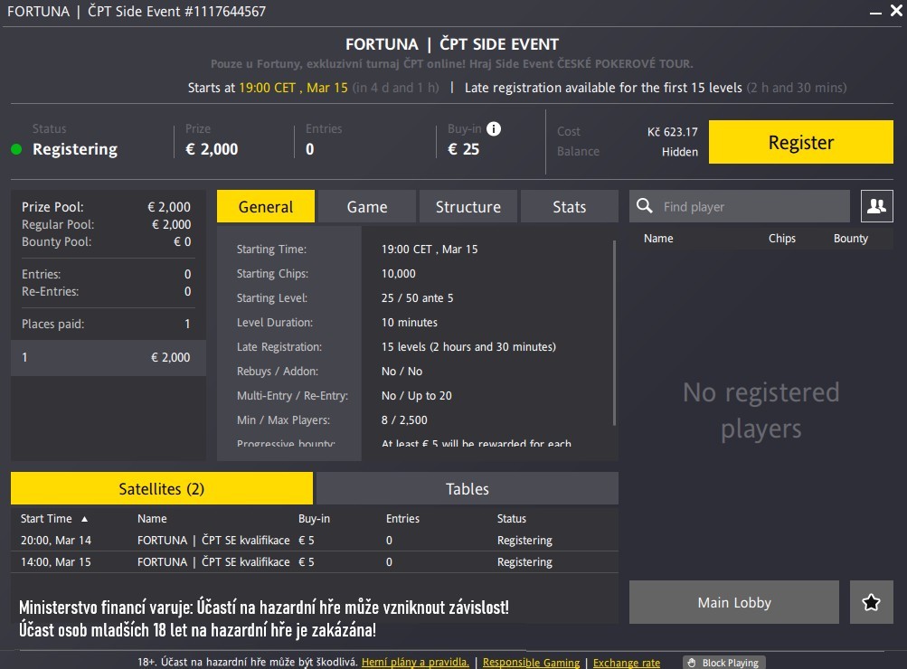 ČPT side event fortuna poker březen 2025