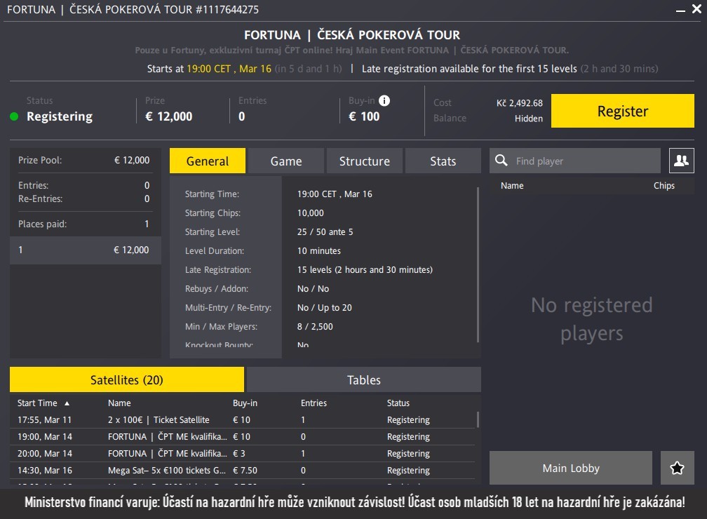 ČPT fortuna poker main event březen