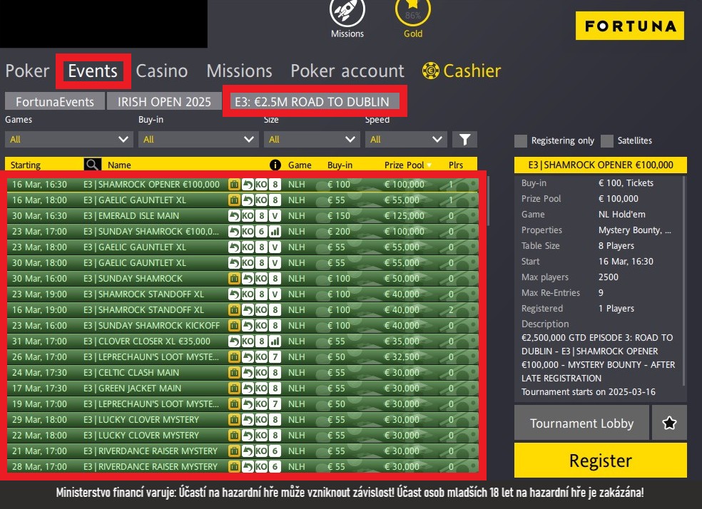 Fortuna poker program série Road to Dublin