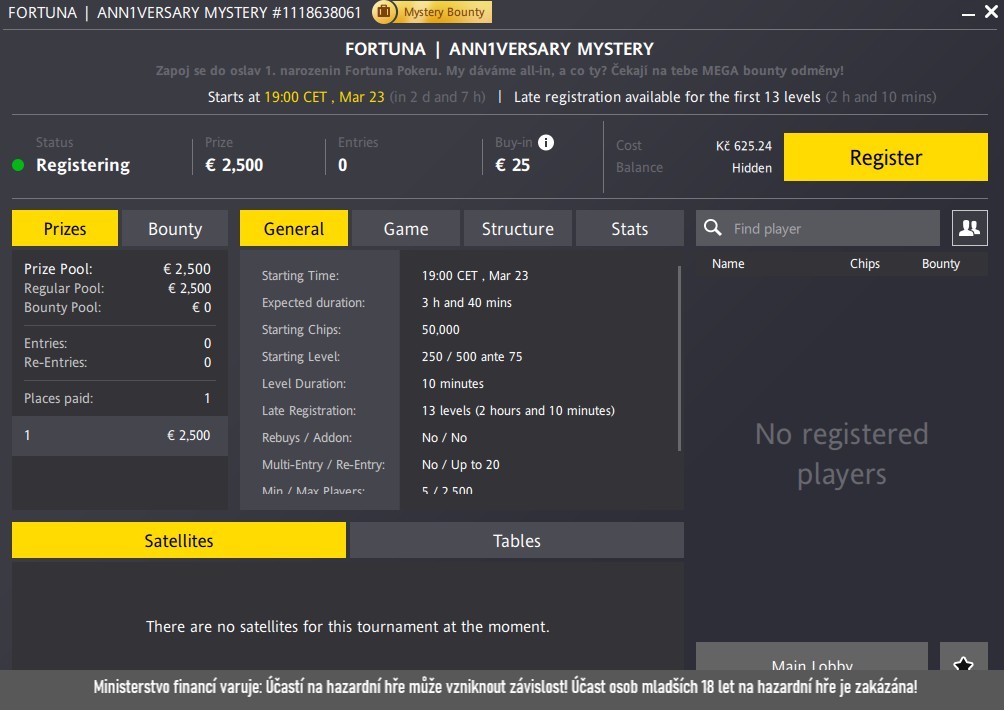 poker turnaj fortuna anniversary mystery 23.3.2025