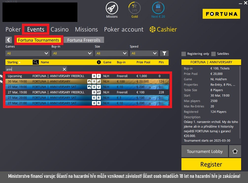 lobby poker turnaj ann1versary fortuna březen 2025