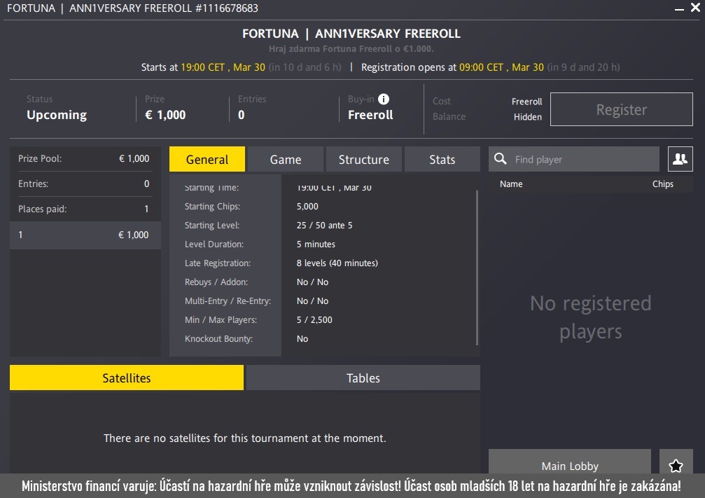 freeroll fortuna, poker turnaj zdarma 30.3.2025