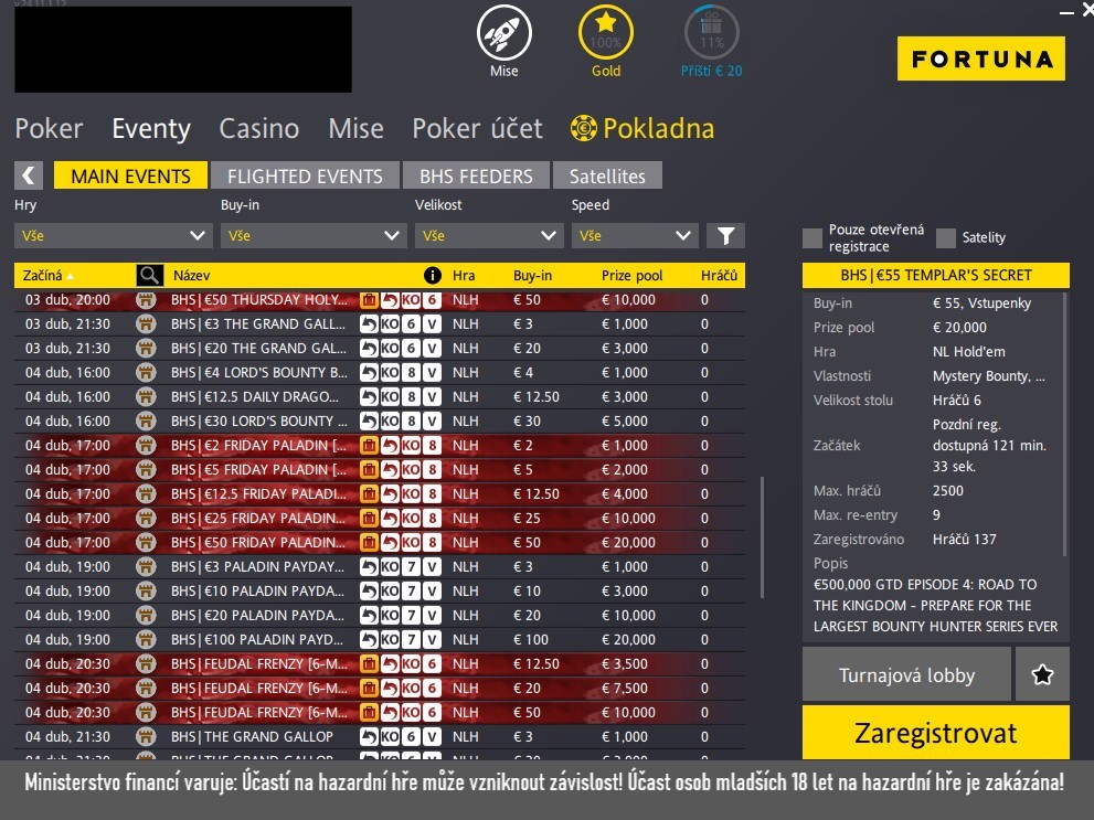 seznam turnajů road to the kingdom fortuna poker
