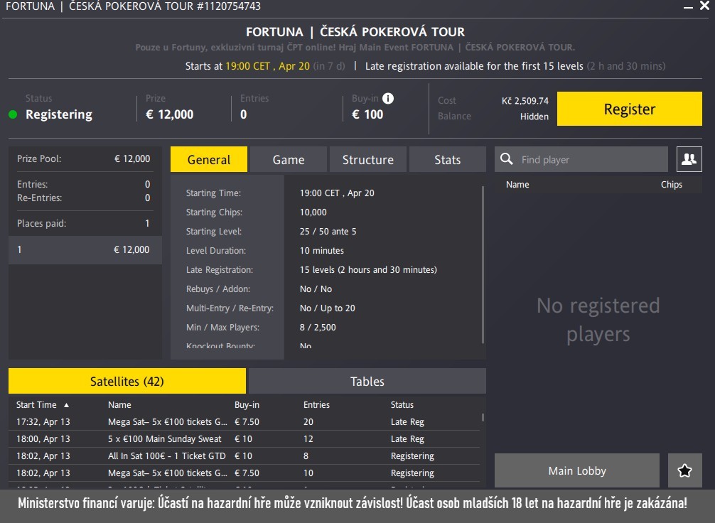 náhled na parametry turnaje Česká Pokerová Tour Main Event duben 2025 fortuna