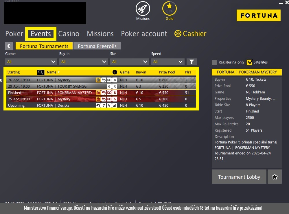 Uk&aacute;zka lobby herny Fortuna Poker