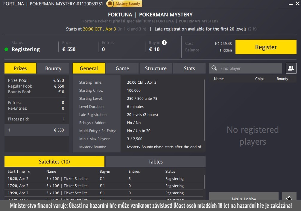 obr&aacute;zek s vy&yacute;sledky turnaje Pokerman Mystery na Fortuana pokerz, 3.4.2025 