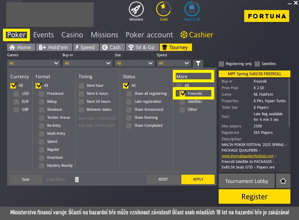 n&aacute;hled na filter freeroll turnaje na Fortuna pokeru