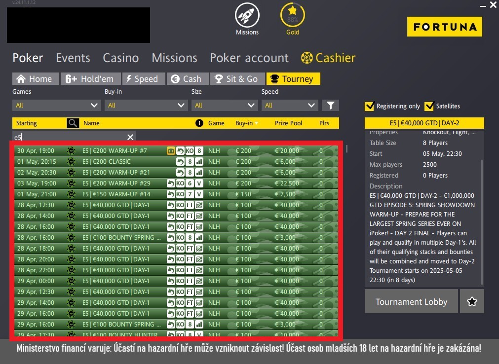 n&aacute;hled na program velkych turnaju serie Spring Showdown Warm-Up fortuna poker