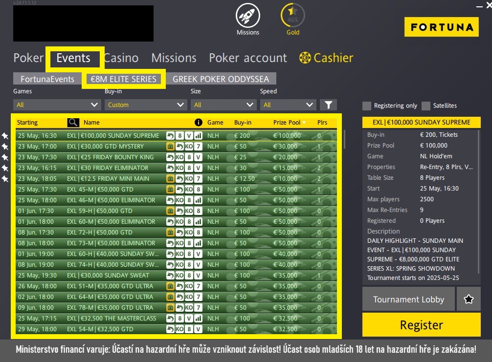 nahled na program poker turnajů elite sieries xl na fortuna.cz