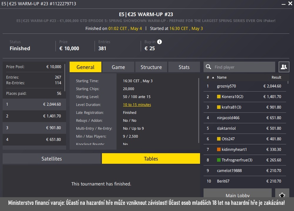 Konera10 vyhra v pokerovem turnaji na Fortuna pokeru