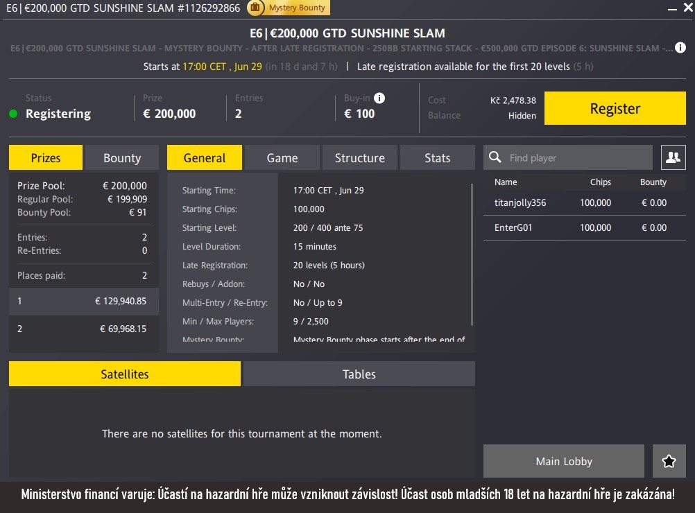 n&aacute;hled na hlavn&iacute; turnaj s&eacute;rie Sunshie Slam na Fortuna Pokeru