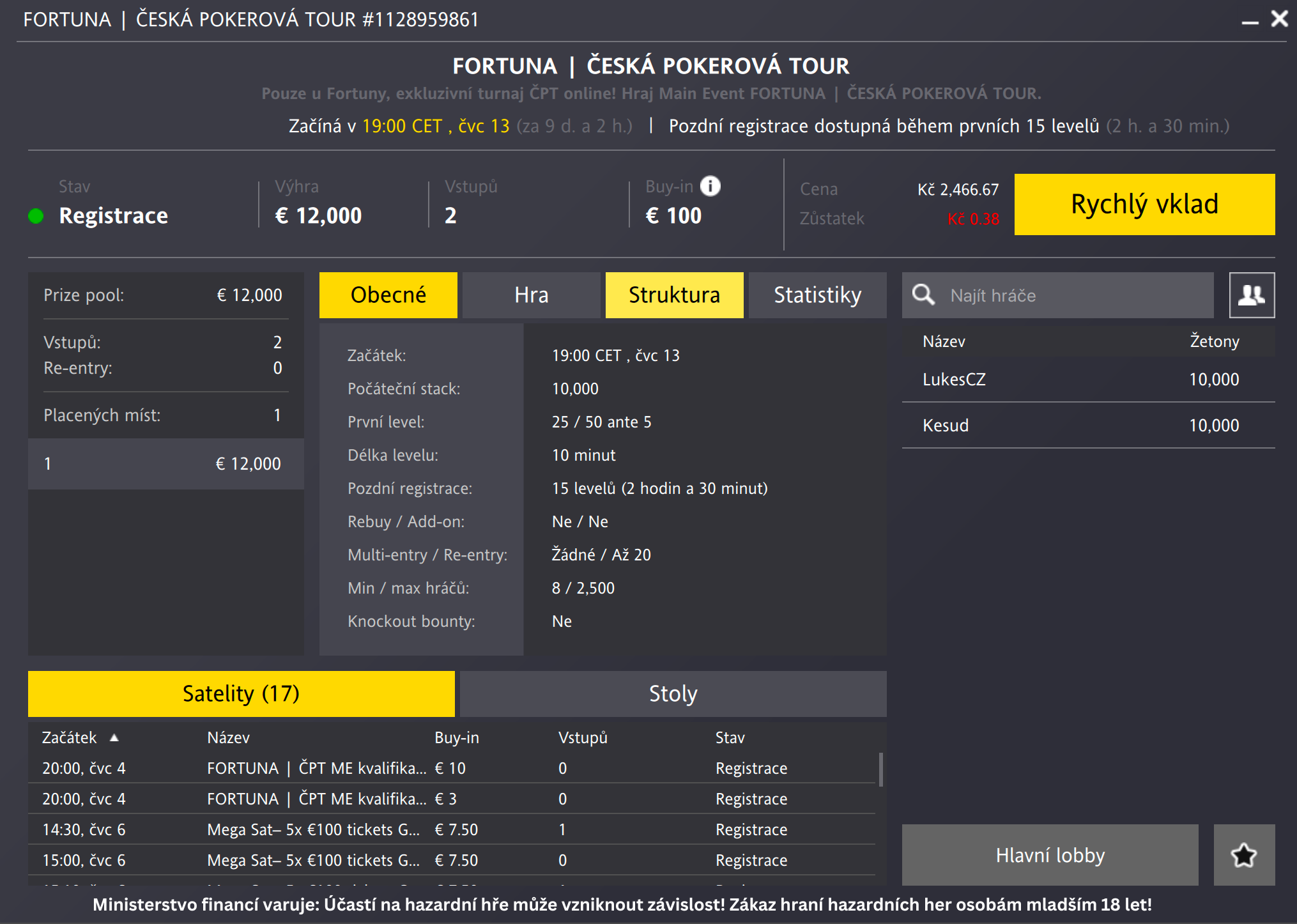 Fortuna poker - česká pokerová tour - 13. července 2025