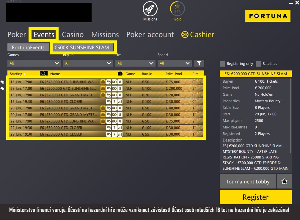 obr&aacute;zek lobby fortuna pokeru s turnaji s&eacute;rie Sunshine Slam