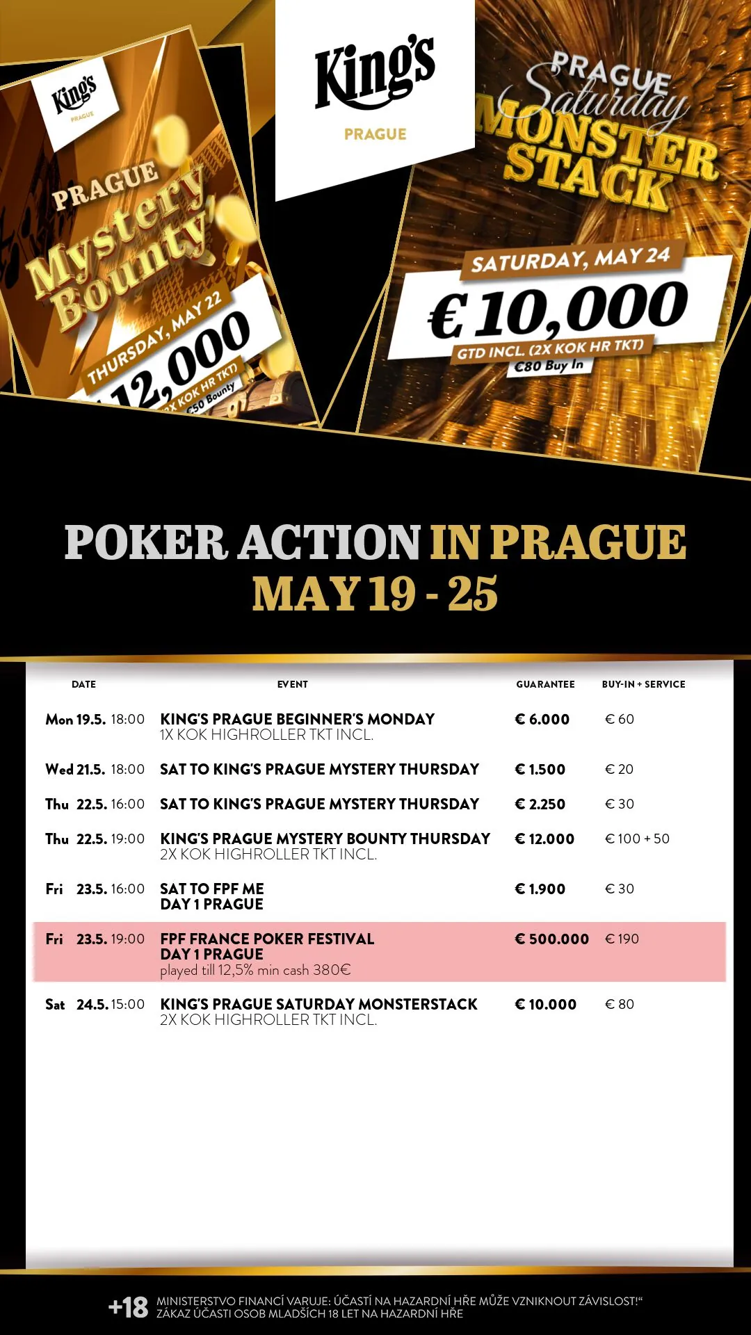 Kings Prague pokerov&eacute; turnaje 19. 5. &ndash; 25. 5. 2025