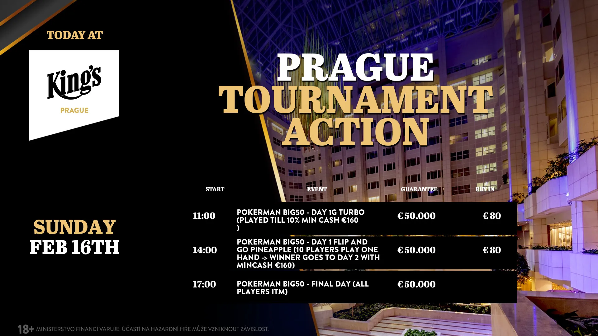 Kings Prague pokerové turnaje 16.2.
