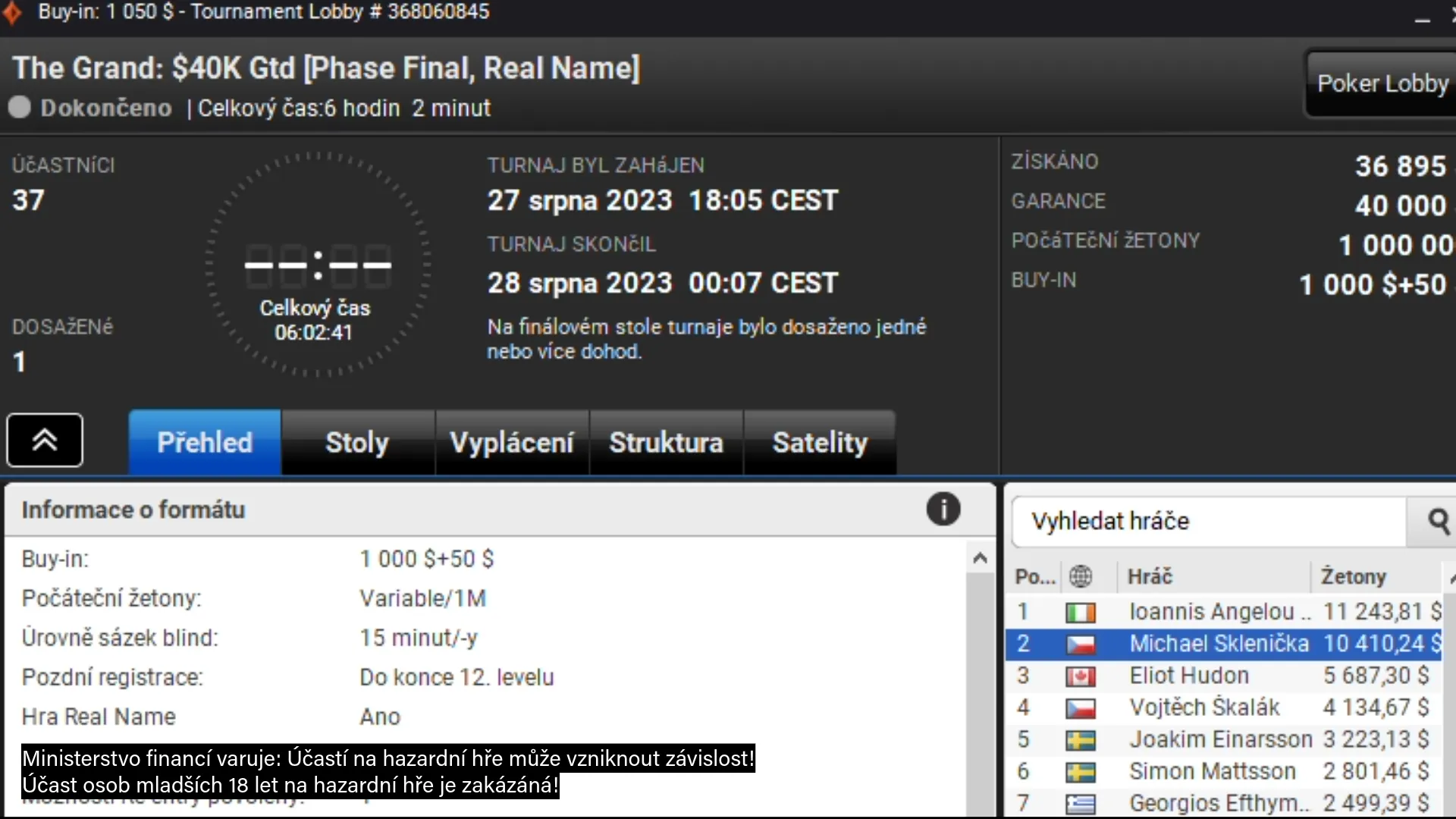 29-8-2023 PartyPoker online poker turnaj the grand Sklenicka, Skal&aacute;k