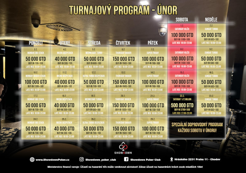 program turnajů showdown poker club unor 2025