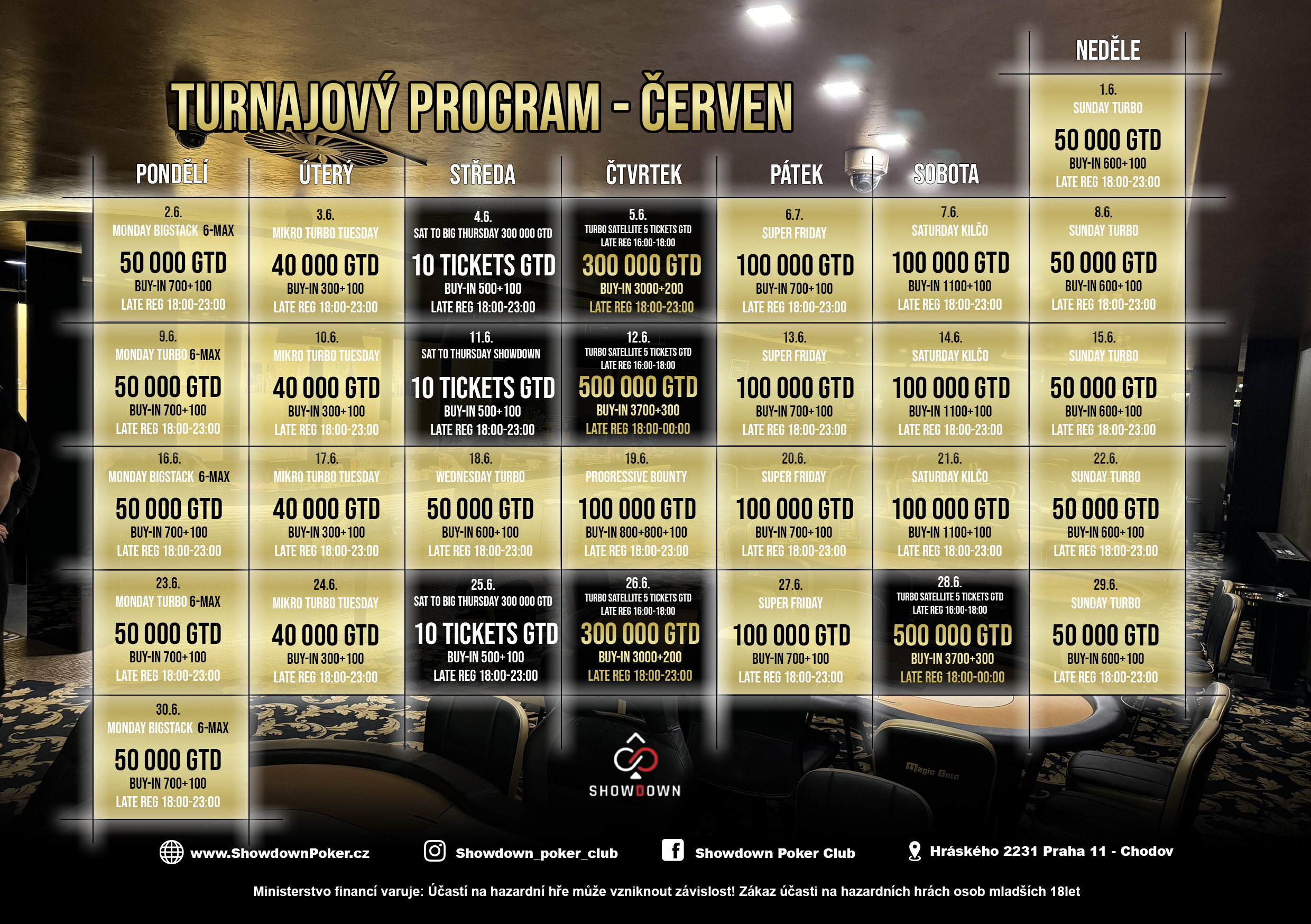 obrazek s programem pokerov&yacute;ch turnajů showdown poker club červen 2025