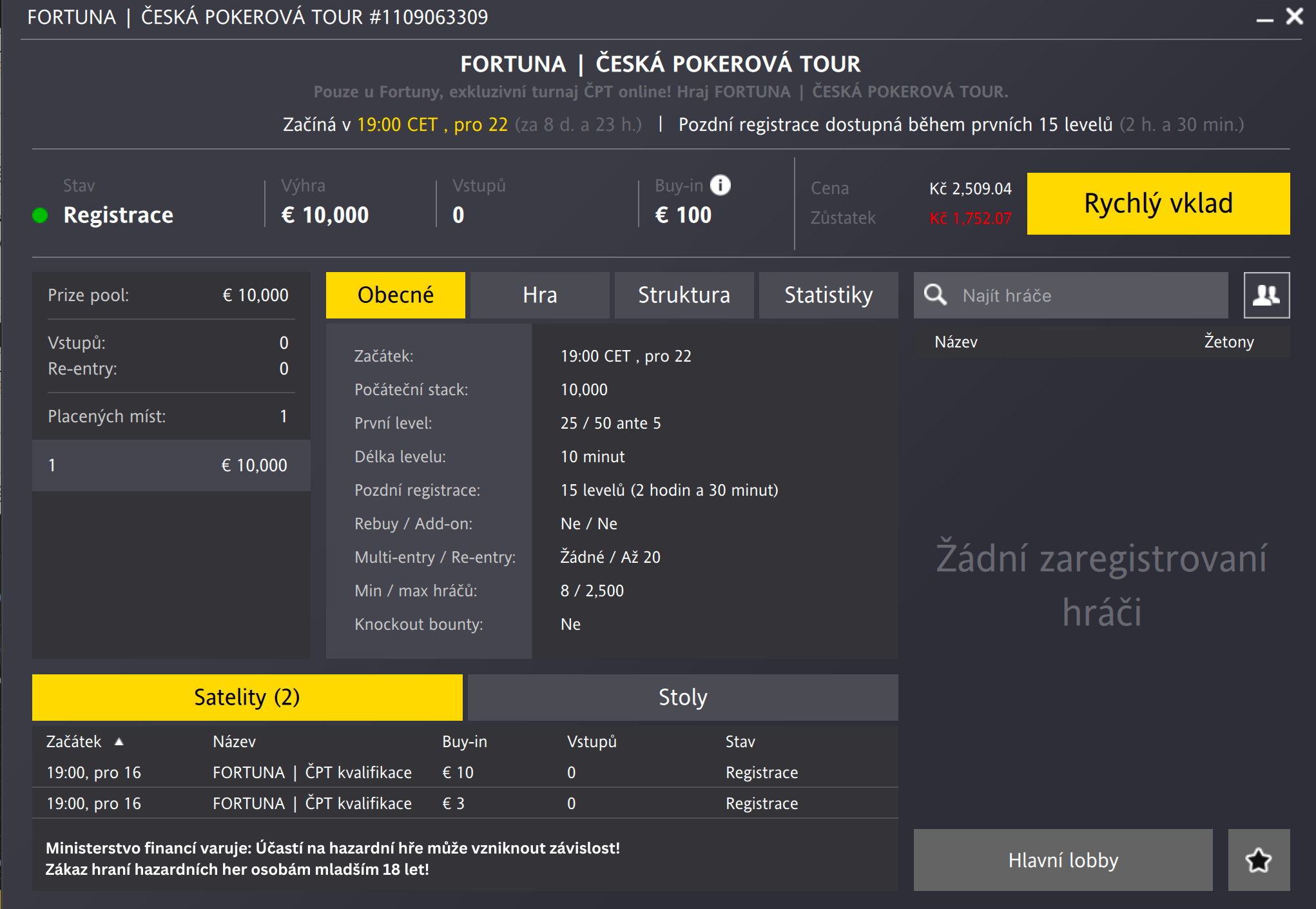 Česká Pokerová Tour Fortuna, listopad 2024 lobby