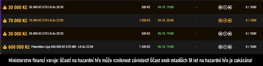 Online Pokerman Liga, turnaje rijen