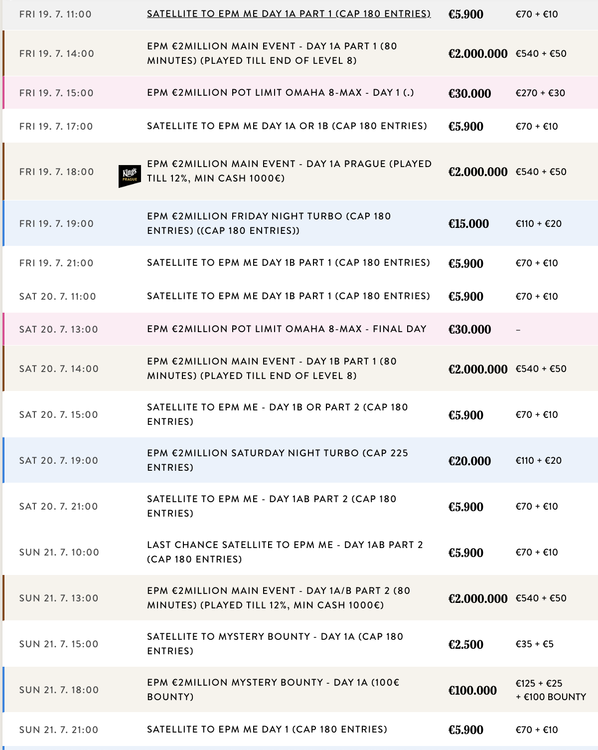 EPM Kings weekend schedule