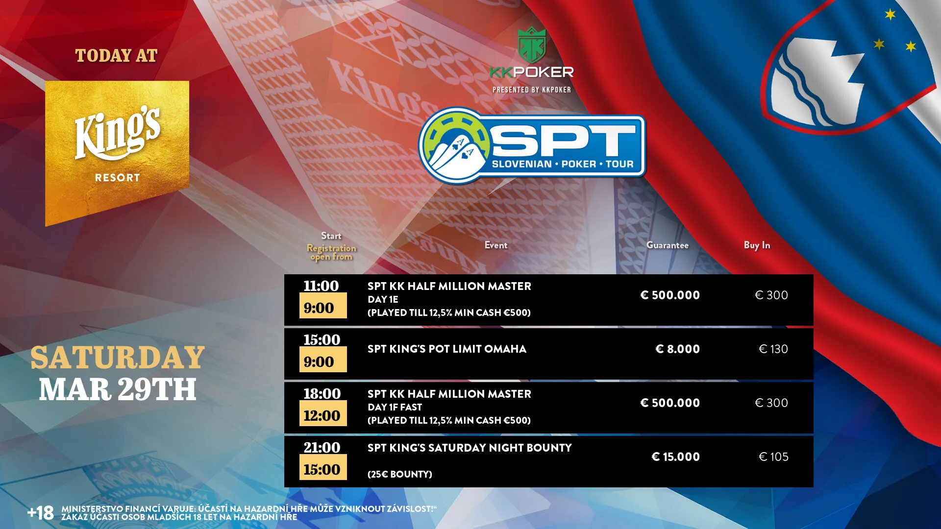 tabulka s programem poker turnajů v kings rozvadov pro den 29. 3. 2025