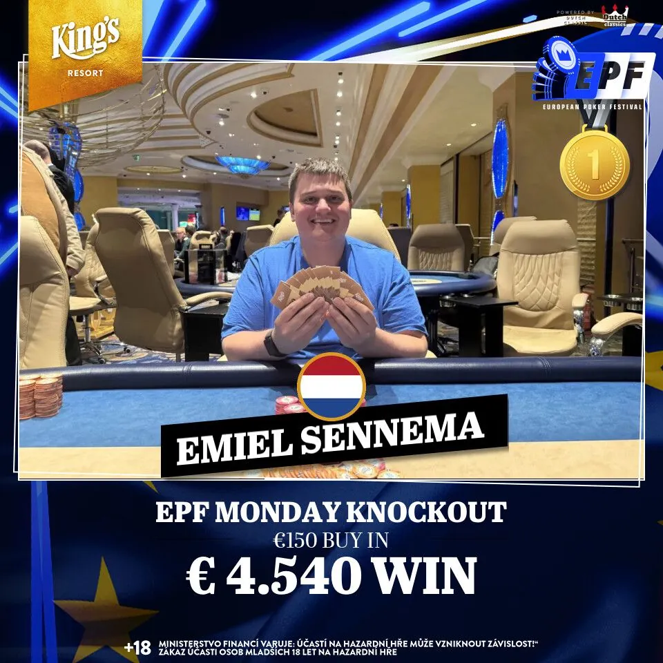 V&iacute;těz poker turnaje EPF Monday Knockout, nizozemsk&yacute; hr&aacute;č Emiel Sennema