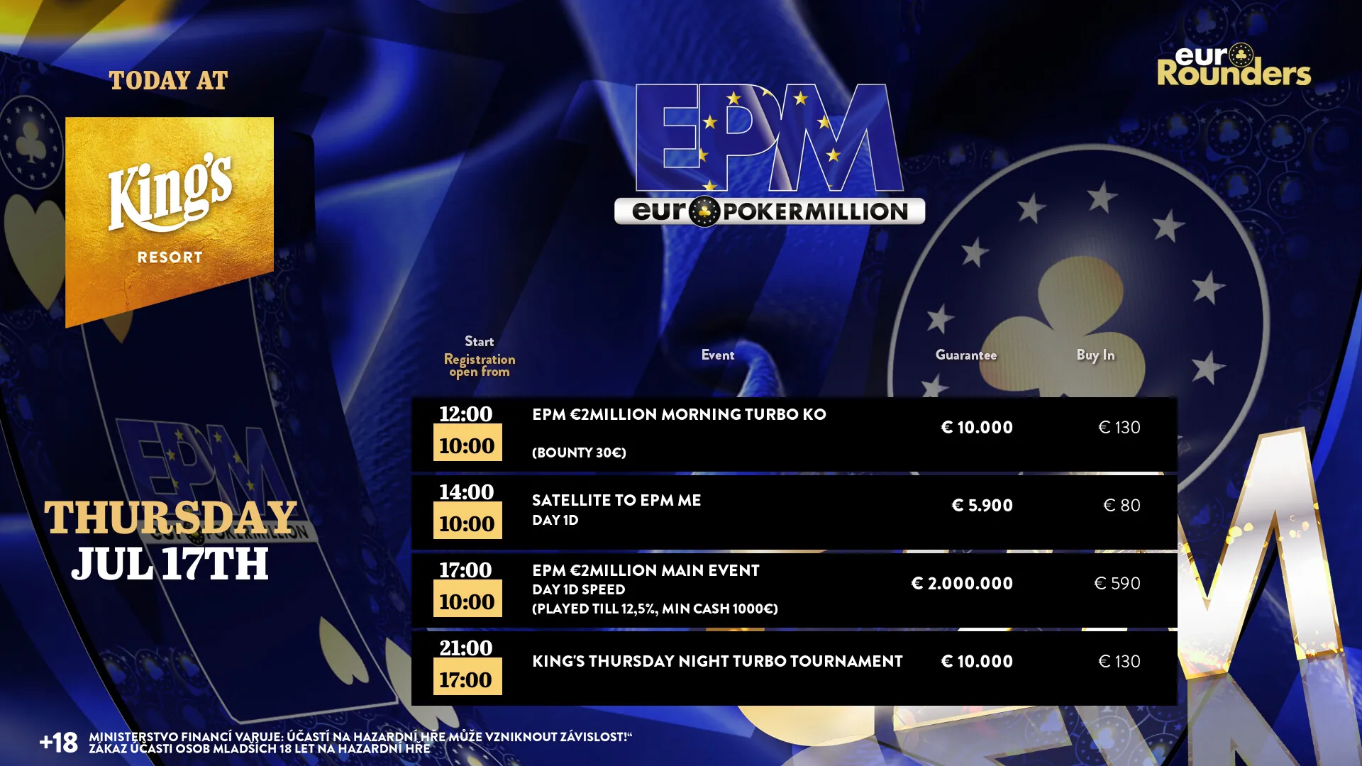 Kings Resort Rozvadov – poker turnaje 17. 7. 2025