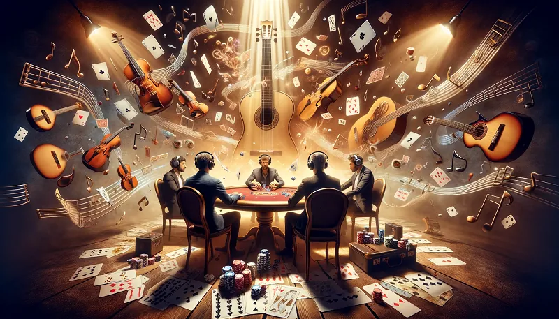 DALLAE 2024-01-16 11-27-21 - A surrealistic scene capturing the theme of Music and its Influence on Poker Gameplay and Outcomes- The image features a central poker table surroun