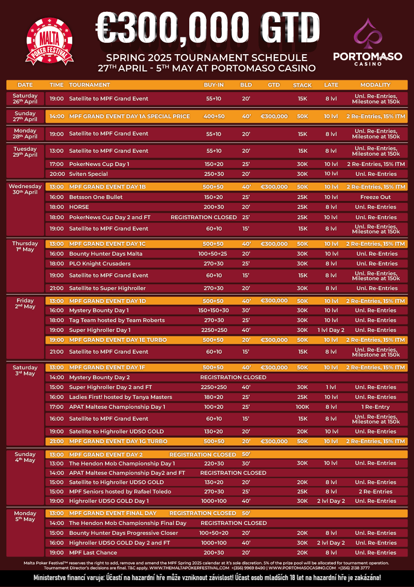 n&aacute;hled na seznam poker turnajů s&eacute;rie Malta Poker Festival květen 2025