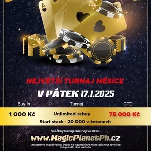 Magic Planet Příbram: Největší turnaj měsíce v pátek 17. ledna přináší garanci 75.000 Kč! Magic Planet Příbram: Největší turnaj měsíce v pátek 17. ledna přináší garanci 75.000 Kč!