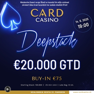 Card Casino Šamorín: Největší garanci z týdenní nabídky jednodenních turnajů má sobotní Deepstack 20K Card Casino Šamorín: Největší garanci z týdenní nabídky jednodenních turnajů má sobotní Deepstack 20K